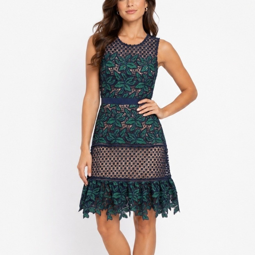 Belle Badgley Mischka Deanndra Embroidered Lace Dress 0 Emerald Navy Floral